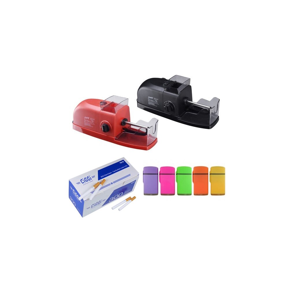 Champ Classic Elektrische Zigarettenmaschine plus Hülsen und Feuerzeug Stopfer schwarz,Feuerzeug Grün