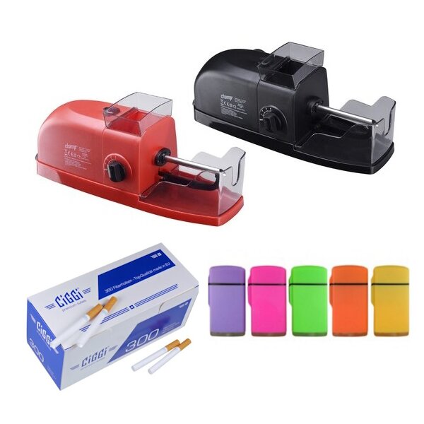 Champ Classic Elektrische Zigarettenmaschine plus Hülsen und Feuerzeug Stopfer schwarz,Feuerzeug Grün